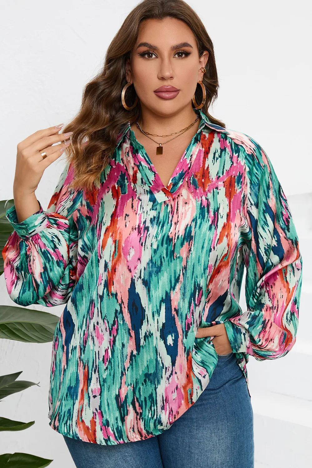 Plus Size Printed Johnny Collar Long Sleeve Blouse - Premium Plus Size Shirts from Trendsi - Just $29! Shop now at Handbags Specialist Headquarter
