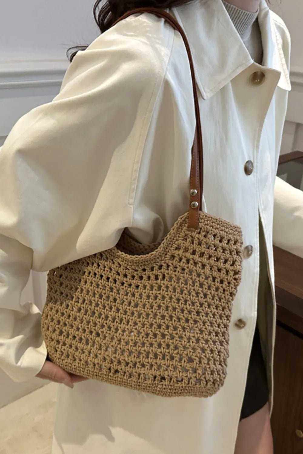 Openwork Woven Tote Bag - Premium Tote Bag from Trendsi - Just $39.99! Shop now at Handbags Specialist Headquarter