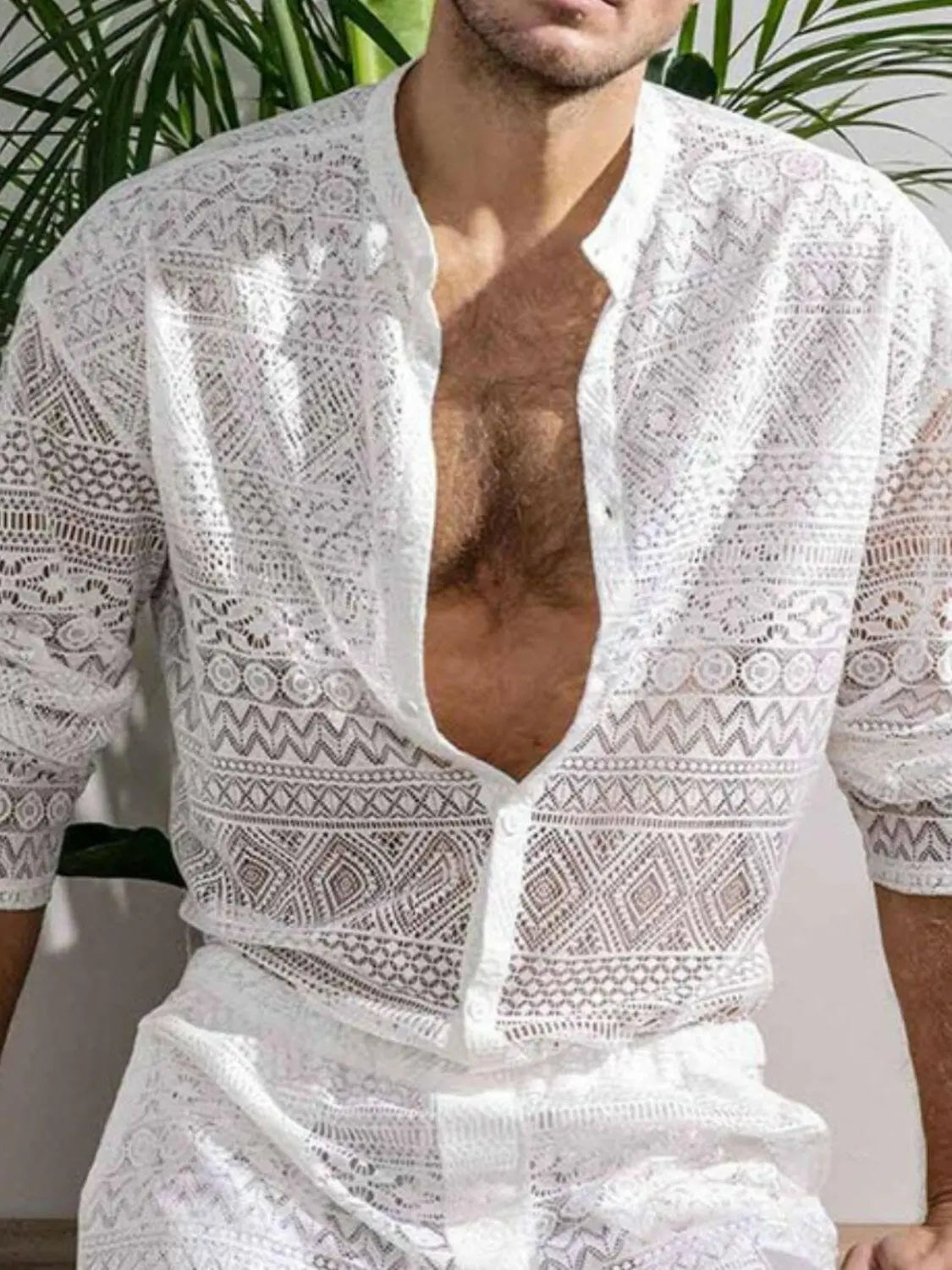 Men's Full Size Lace Button Down Top and Shorts Set Plus Size.