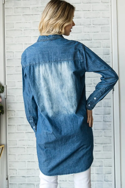 Veveret Pocketed Button Up Washed Denim Shirt - Premium Women / Jeans & Denim from Trendsi - Just $60.40! Shop now at Handbags Specialist Headquarter