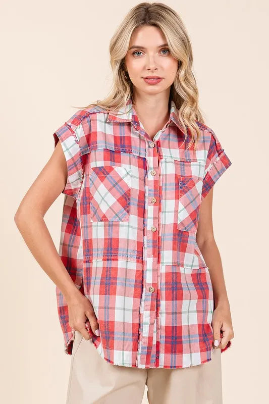 Mittoshop Mineral Wash Plaid Button Down Shirt - Premium Women's Down Shirt Tops from Trendsi - Just $51.26! Shop now at Handbags Specialist Headquarter