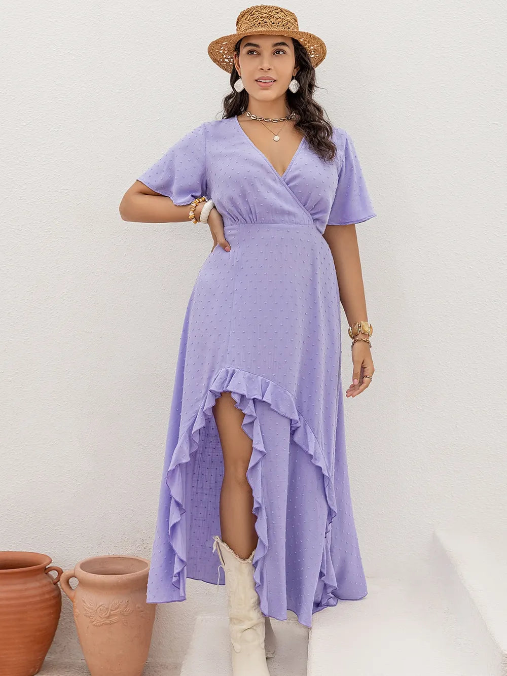 Plus Size Swiss Dot High-Low Surplice Dress - Premium Dresses from Trendsi - Just $42.99! Shop now at Handbags Specialist Headquarter