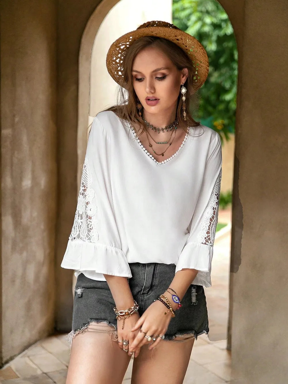 Plus Size Lace Detail V-Neck Three-Quarter Sleeve Blouse - Premium Plus Size Shirts from Trendsi - Just $22.50! Shop now at Handbags Specialist Headquarter