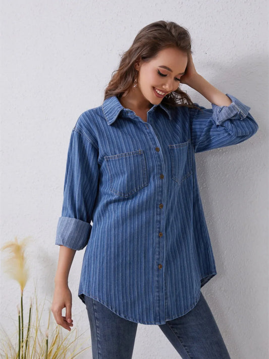 Pocketed Striped Button Up Denim Shirt - Premium Women / Jeans & Denim from Trendsi - Just $47! Shop now at Handbags Specialist Headquarter