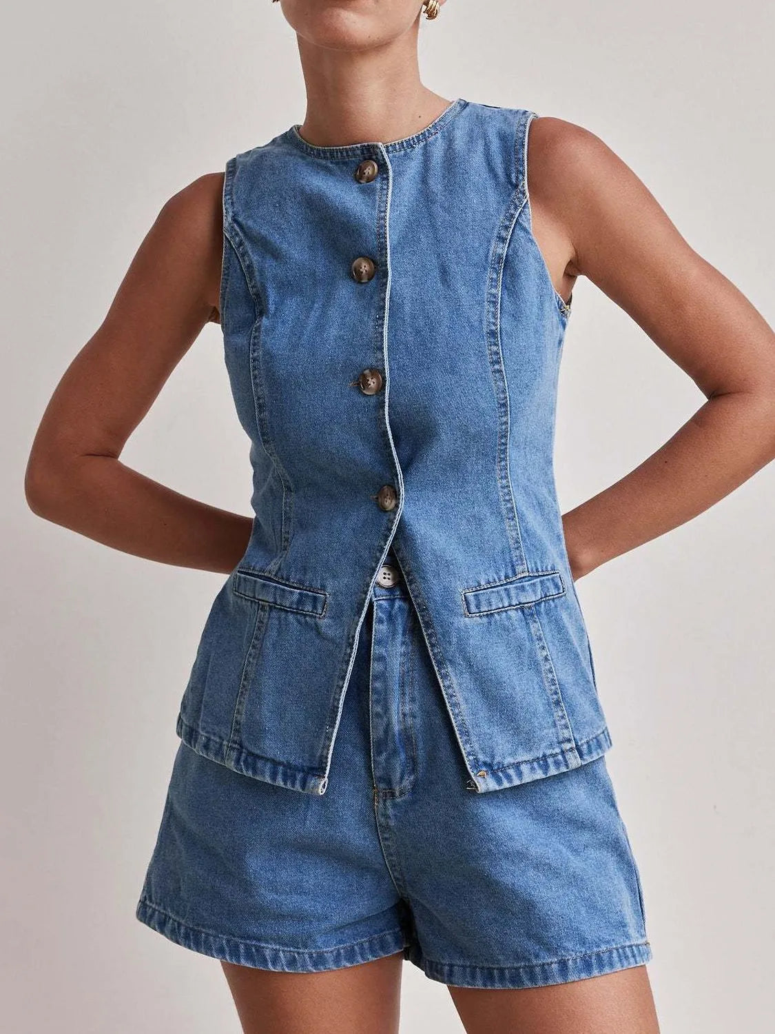 Button Down Vest and Shorts Denim Set - Premium Women / Jeans & Denim from Trendsi - Just $65.12! Shop now at Handbags Specialist Headquarter