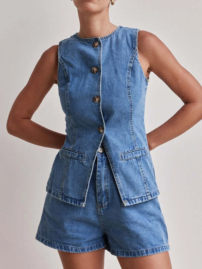 Button Down Vest and Shorts Denim Set - Premium Women / Jeans & Denim from Trendsi - Just $65.12! Shop now at Handbags Specialist Headquarter