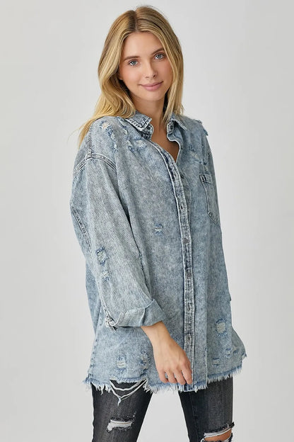 RISEN Distressed Raw Hem Denim Shirt - Premium Women / Jeans & Denim from Trendsi - Just $53.10! Shop now at Handbags Specialist Headquarter