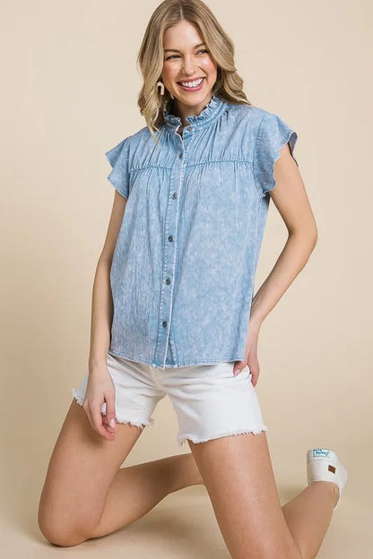 Lime 'N' Chili Mineral Wash Flutter Sleeve Button Down Shirt - Premium Women / Jeans & Denim from Trendsi - Just $40.98! Shop now at Handbags Specialist Headquarter