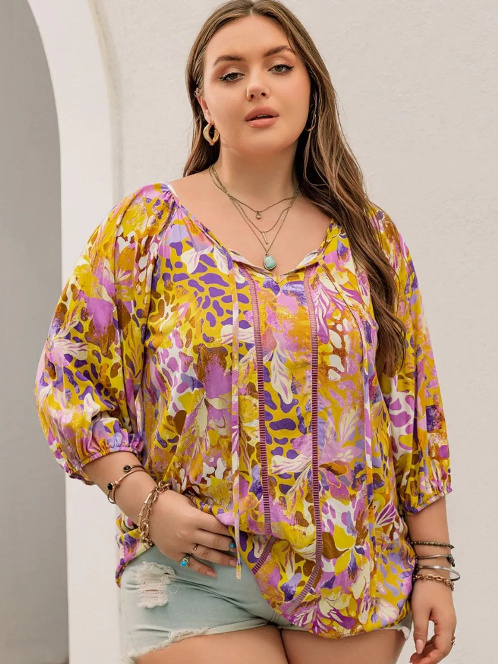 Plus Size Printed Tie Neck Blouse - Premium Plus Size Shirts from Trendsi - Just $28.50! Shop now at Handbags Specialist Headquarter