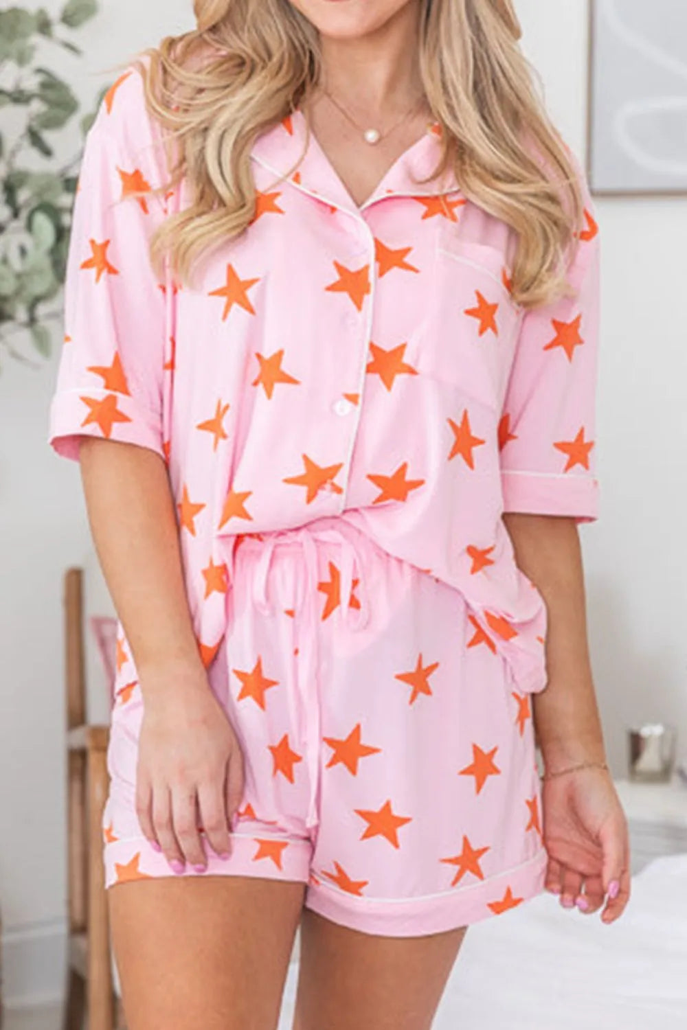 Star Print Short Sleeve Shirt and Shorts Set - Premium Sleepwear from Trendsi - Just $58.99! Shop now at Handbags Specialist Headquarter