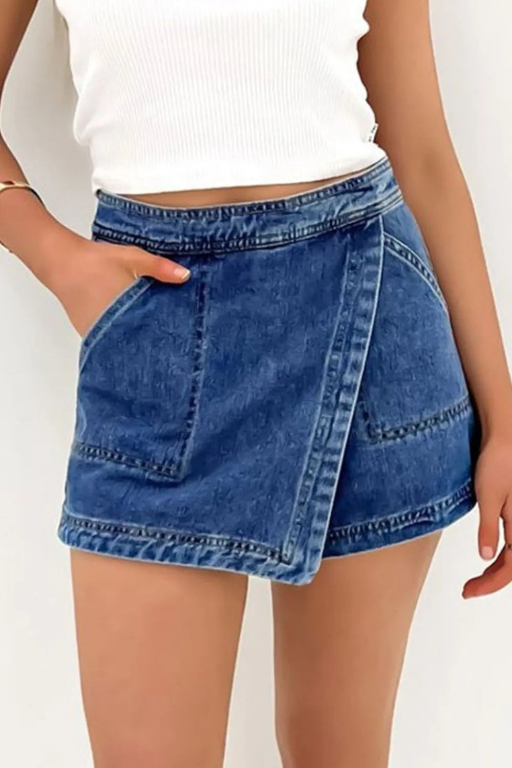 Asymmetrical Denim Skort with Pockets - Premium Women / Jeans & Denim from Trendsi - Just $35.46! Shop now at Handbags Specialist Headquarter