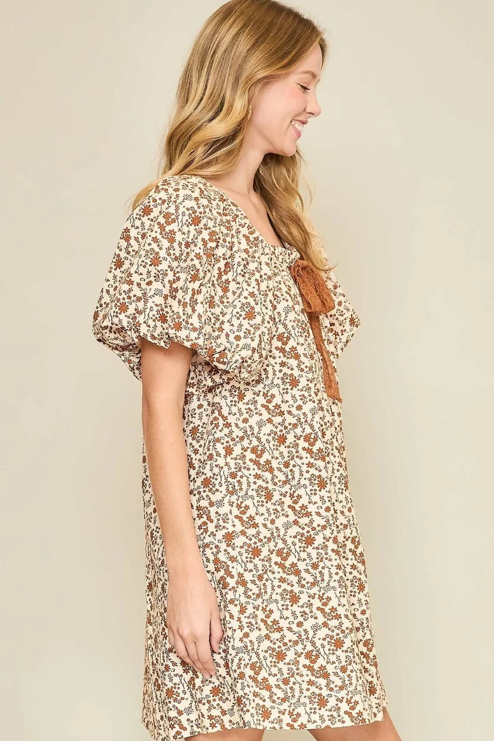 Umgee Full Size Lace Tape Drawstring Floral Puff Sleeve Mini Dress Plus Size - Premium Dresses from Trendsi - Just $48.99! Shop now at Handbags Specialist Headquarter