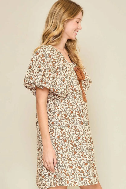 Umgee Full Size Lace Tape Drawstring Floral Puff Sleeve Mini Dress Plus Size - Premium Dresses from Trendsi - Just $48.99! Shop now at Handbags Specialist Headquarter