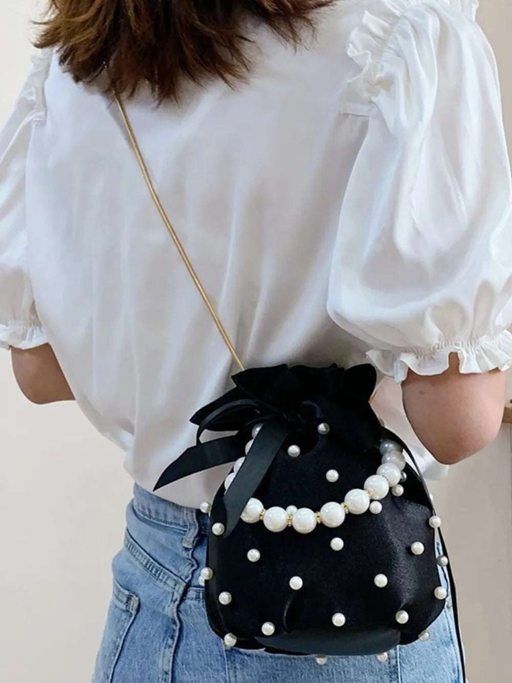 Pearl Detail Solid Color Bucket Bag - Premium Crossbody Bag from Trendsi - Just $27.99! Shop now at Handbags Specialist Headquarter