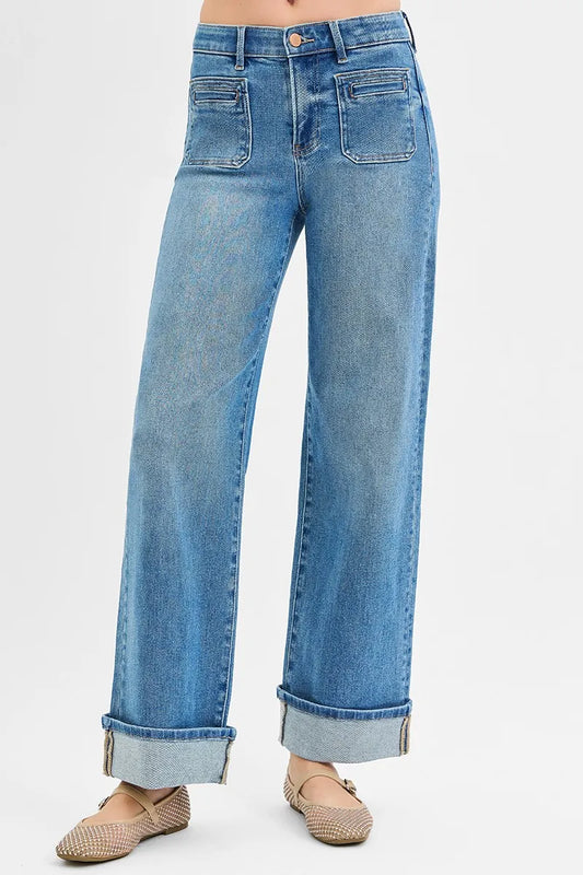 RISEN Full Size Elastic Band Mid Rise Wide Front Patch Pocket Cuff Jeans Plus Size - Premium Women / Jeans & Denim from Trendsi - Just $67.99! Shop now at Handbags Specialist Headquarter