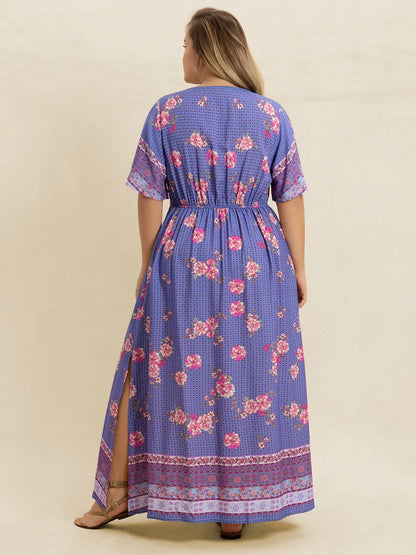 Plus Size Printed V-Neck Flutter Sleeve Dress - Premium Dresses from Trendsi - Just $38.99! Shop now at Handbags Specialist Headquarter