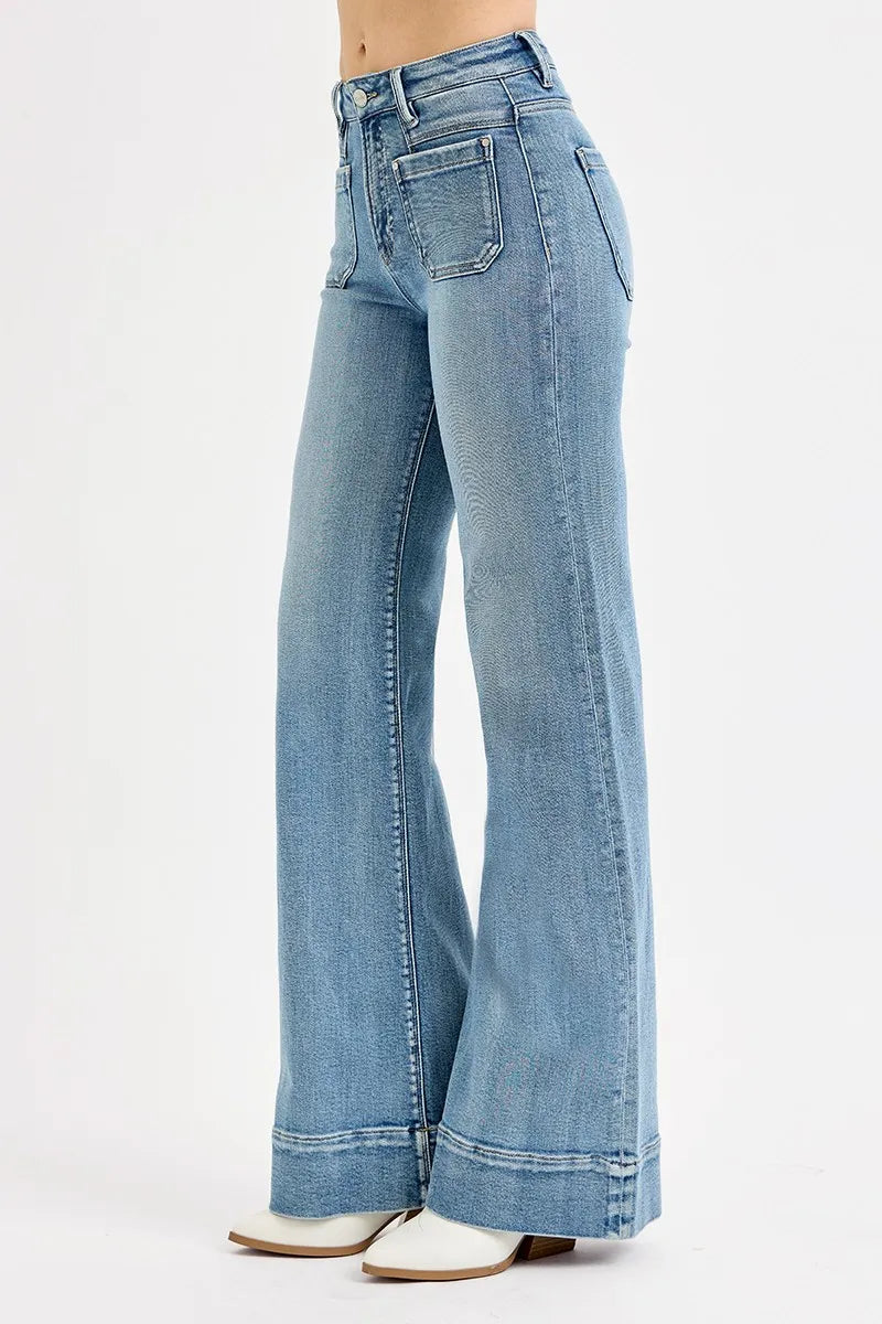 RISEN Full Size High Rise Wide Flare Patch Pocket Jeans Plus Size - Premium Women / Jeans & Denim from Trendsi - Just $66.99! Shop now at Handbags Specialist Headquarter