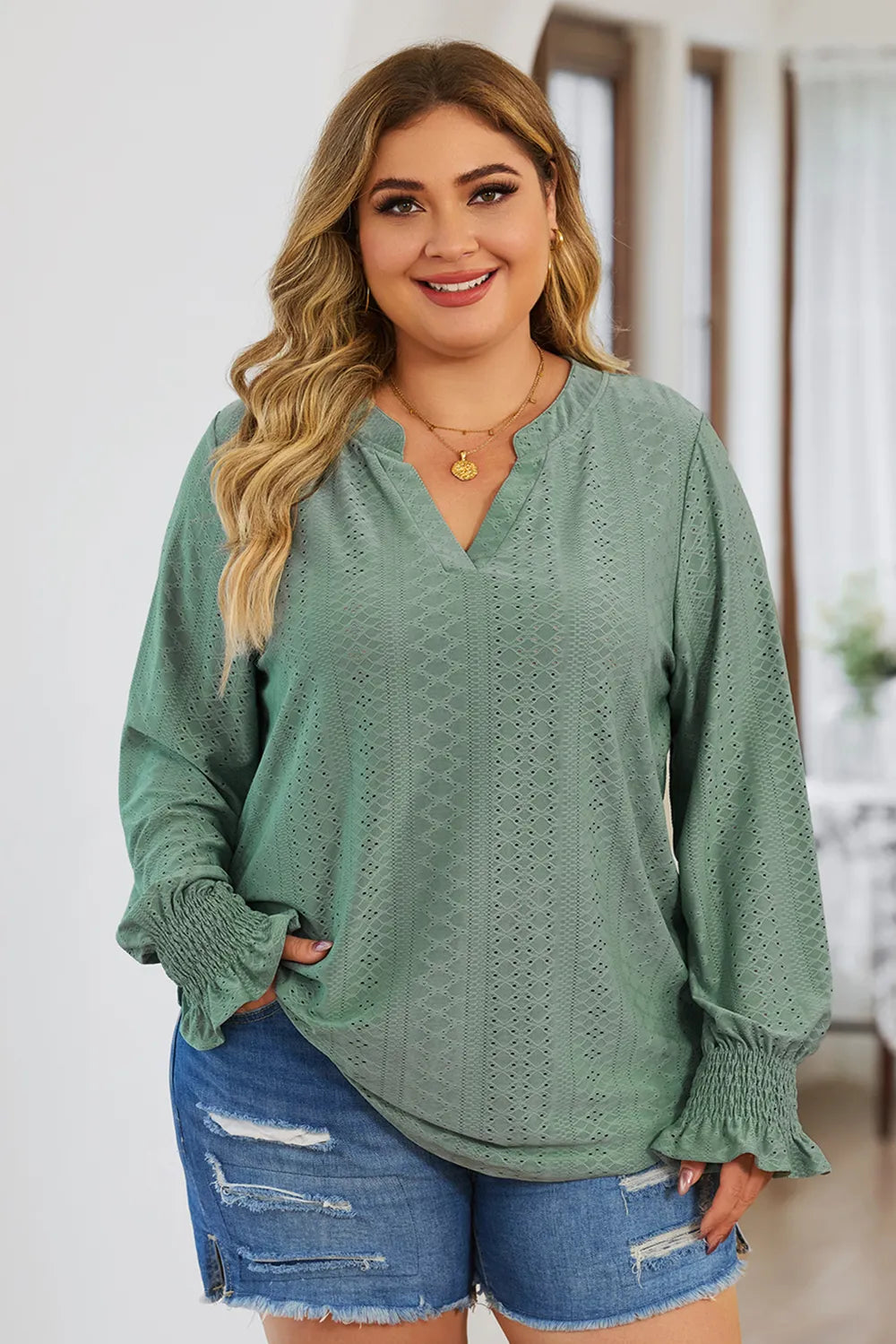 Plus Size Eyelet Notched Flounce Sleeve Blouse - Premium Plus Size Shirts from Trendsi - Just $27! Shop now at Handbags Specialist Headquarter