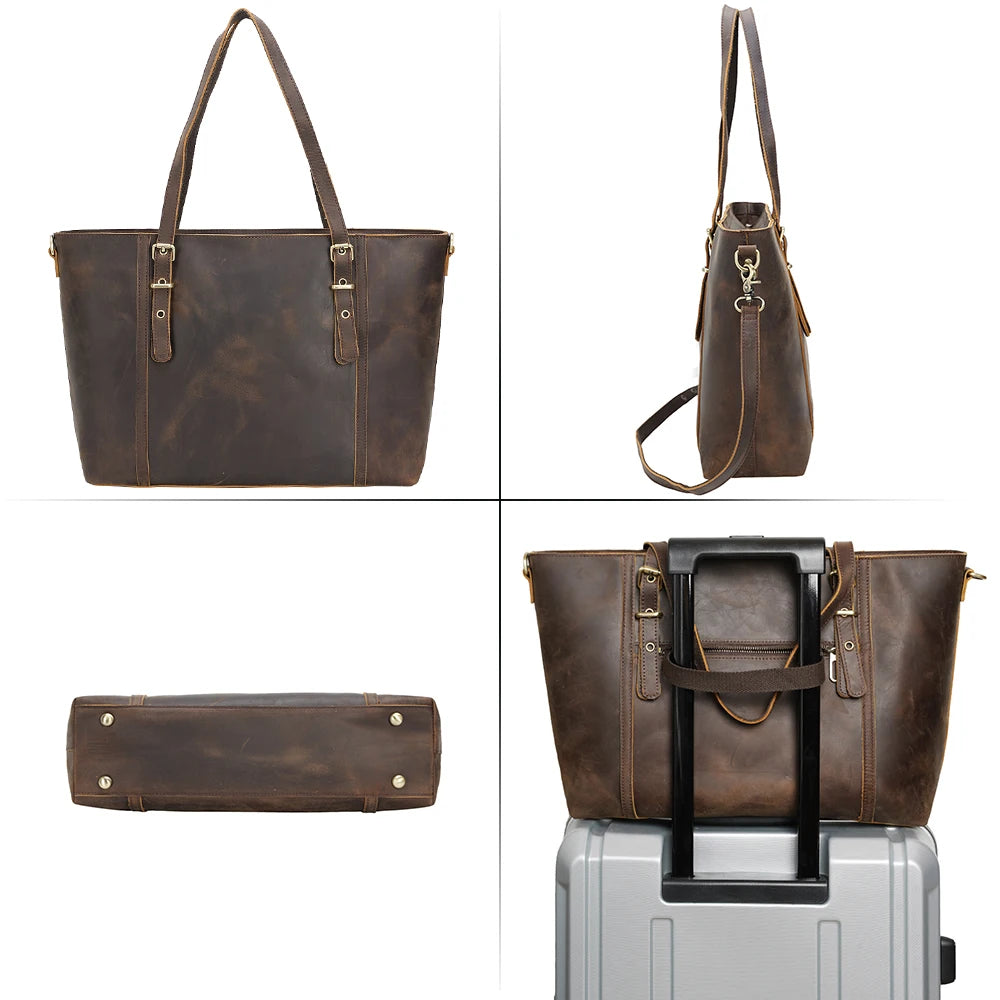 TIDING Festival Gift Christmas Custom Logo Retro Crazy Horse Leather Handbag Lady Brown Shoulder Bag Women Leather Tote Bag - Premium  from Handbags Specialist Headquarter - Just $113.99! Shop now at Handbags Specialist Headquarter