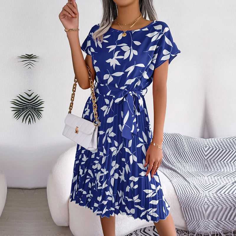 Women Spring Summer Short Sleeve High Waist Chic Dress Fashion Floral Pleated A Line Long Dress - Premium  from Hey Whoops Store - Just $34.99! Shop now at Handbags Specialist Headquarter