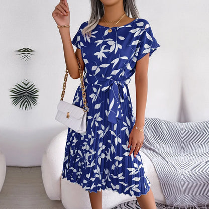 Women Spring Summer Short Sleeve High Waist Chic Dress Fashion Floral Pleated A Line Long Dress - Premium  from Hey Whoops Store - Just $34.99! Shop now at Handbags Specialist Headquarter