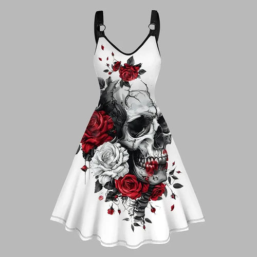 Dressfo Women's Summer Dresses Halloween Rose Injured Skull Print Hem - Premium  from Dressfo Gothic Clothing Store - Just $31.99! Shop now at Handbags Specialist Headquarter
