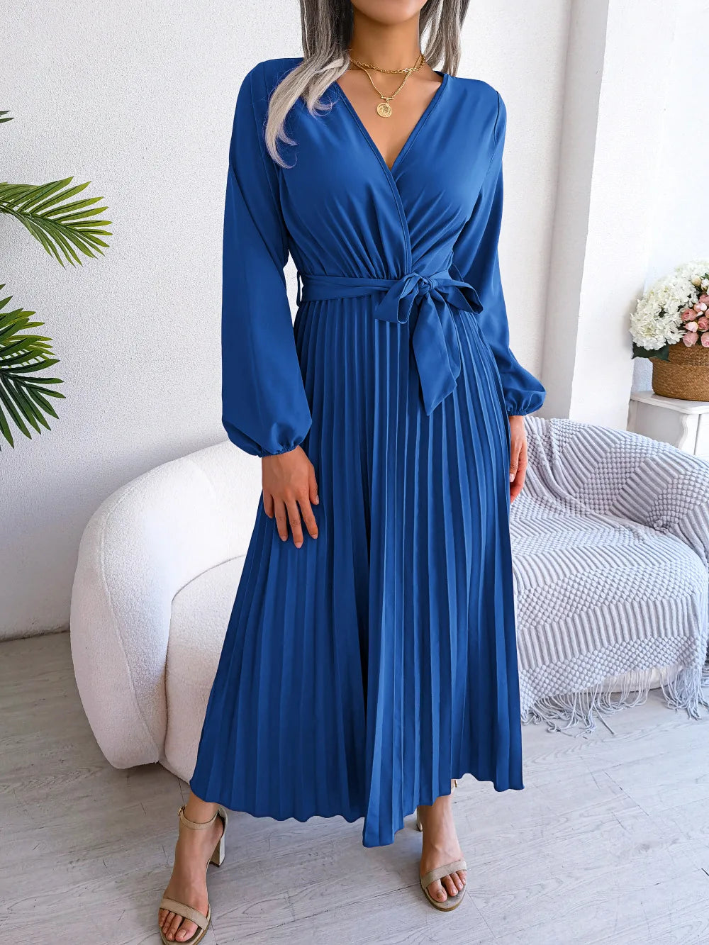 Women Elegant V Neck Long Sleeve Pleated Maxi Dress - Premium  from Hey Whoops Store - Just $57.48! Shop now at Handbags Specialist Headquarter