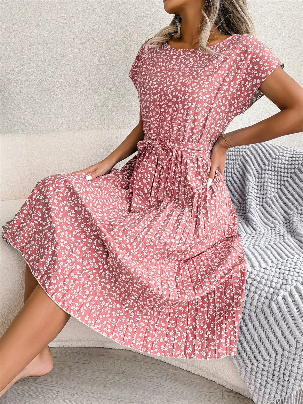 Women Spring Summer Short Sleeve High Waist Chic Dress Fashion Floral Pleated A Line Long Dress - Premium  from Hey Whoops Store - Just $34.99! Shop now at Handbags Specialist Headquarter