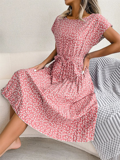 Women Spring Summer Short Sleeve High Waist Chic Dress Fashion Floral Pleated A Line Long Dress - Premium  from Hey Whoops Store - Just $34.99! Shop now at Handbags Specialist Headquarter