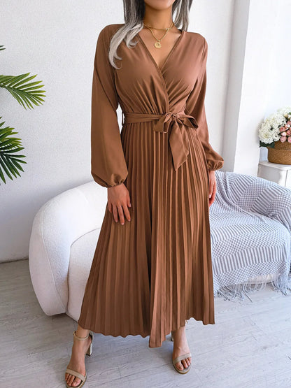 Women Elegant V Neck Long Sleeve Pleated Maxi Dress - Premium  from Hey Whoops Store - Just $57.48! Shop now at Handbags Specialist Headquarter