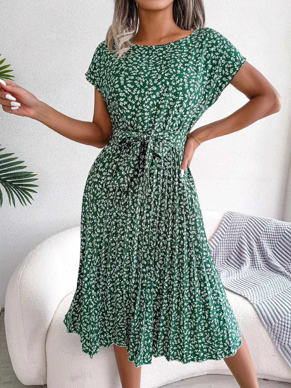 Women Spring Summer Short Sleeve High Waist Chic Dress Fashion Floral Pleated A Line Long Dress - Premium  from Hey Whoops Store - Just $34.99! Shop now at Handbags Specialist Headquarter