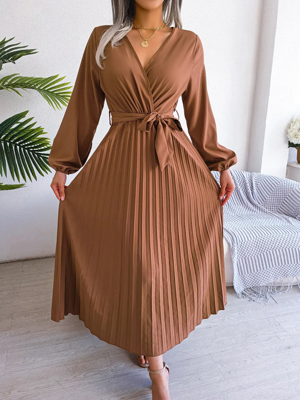Women Elegant V Neck Long Sleeve Pleated Maxi Dress - Premium  from Hey Whoops Store - Just $57.48! Shop now at Handbags Specialist Headquarter