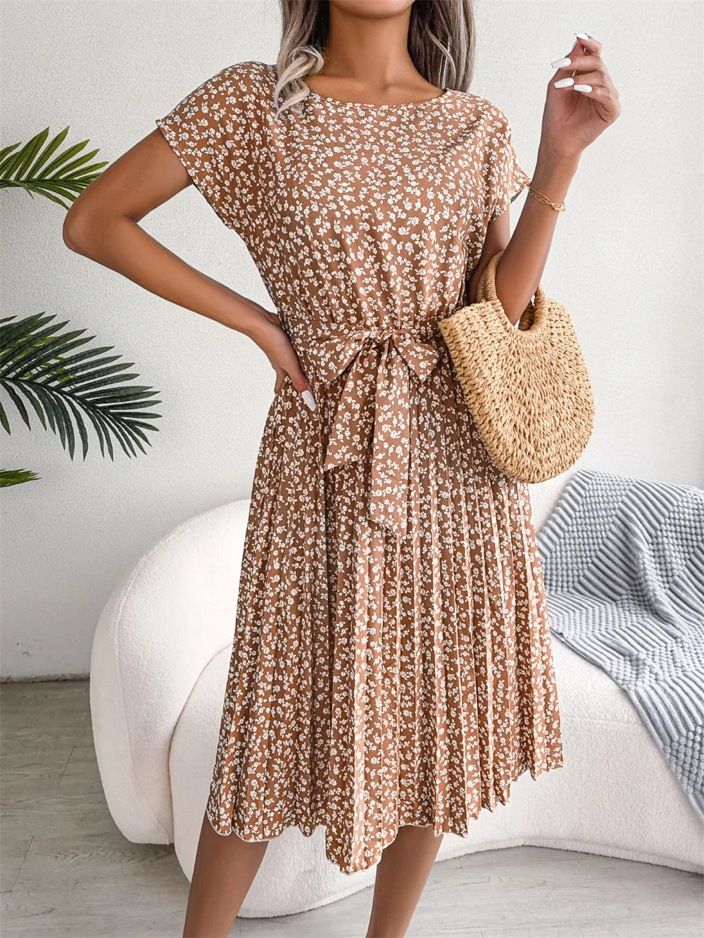Women Spring Summer Short Sleeve High Waist Chic Dress Fashion Floral Pleated A Line Long Dress - Premium  from Hey Whoops Store - Just $34.99! Shop now at Handbags Specialist Headquarter