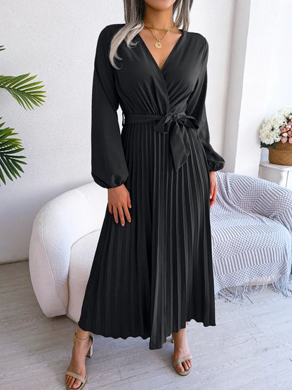 Women Elegant V Neck Long Sleeve Pleated Maxi Dress - Premium  from Hey Whoops Store - Just $57.48! Shop now at Handbags Specialist Headquarter