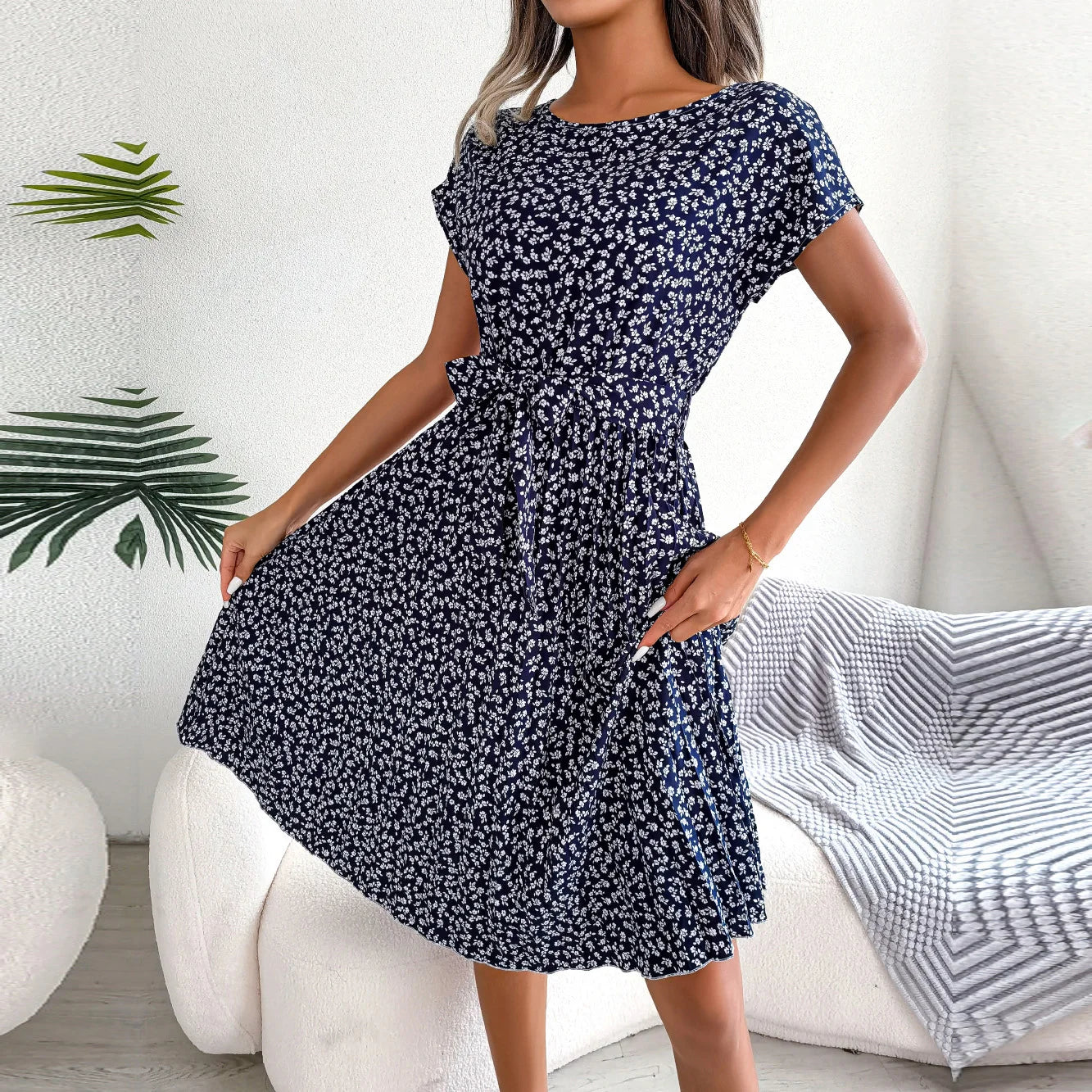 Women Spring Summer Short Sleeve High Waist Chic Dress Fashion Floral Pleated A Line Long Dress - Premium  from Hey Whoops Store - Just $11.49! Shop now at Handbags Specialist Headquarter