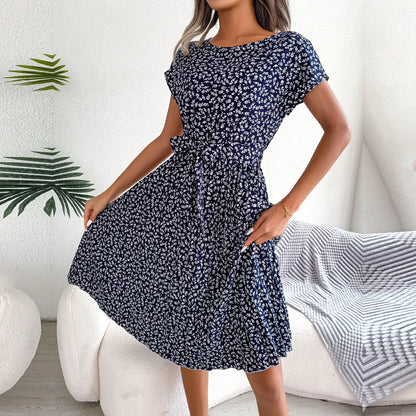 Women Spring Summer Short Sleeve High Waist Chic Dress Fashion Floral Pleated A Line Long Dress - Premium  from Hey Whoops Store - Just $11.49! Shop now at Handbags Specialist Headquarter