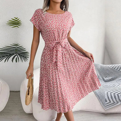 Women Spring Summer Short Sleeve High Waist Chic Dress Fashion Floral Pleated A Line Long Dress - Premium  from Hey Whoops Store - Just $11.49! Shop now at Handbags Specialist Headquarter
