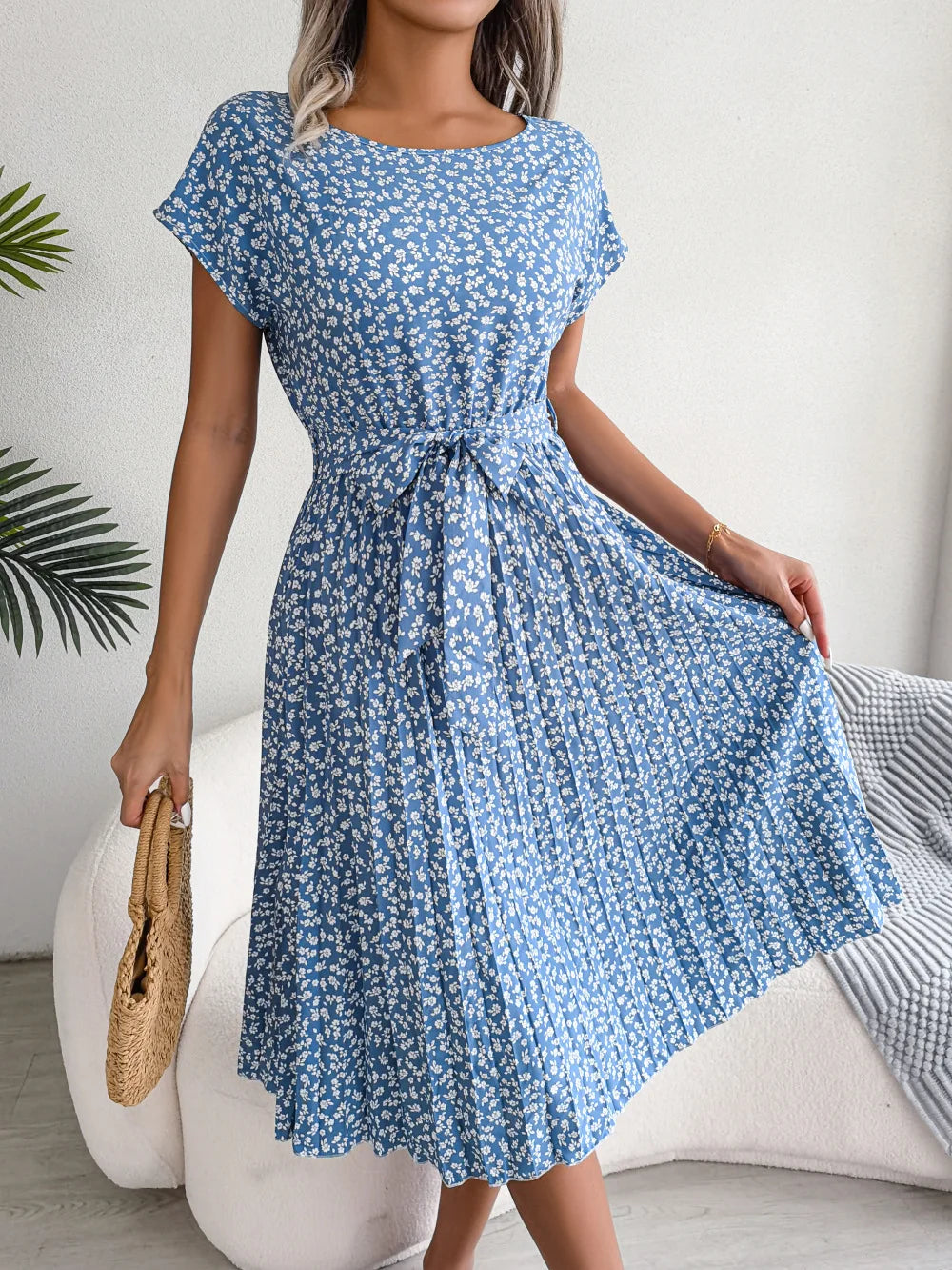 Women Spring Summer Short Sleeve High Waist Chic Dress Fashion Floral Pleated A Line Long Dress - Premium  from Hey Whoops Store - Just $34.99! Shop now at Handbags Specialist Headquarter