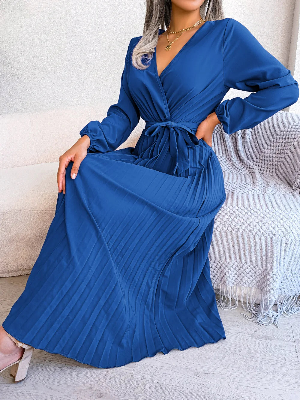 Women Elegant V Neck Long Sleeve Pleated Maxi Dress - Premium  from Hey Whoops Store - Just $57.48! Shop now at Handbags Specialist Headquarter