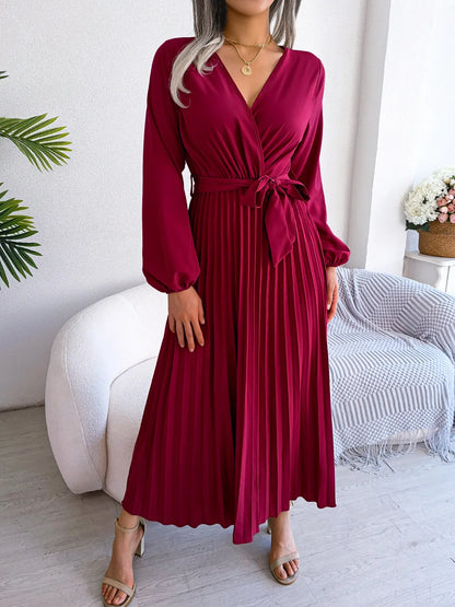 Women Elegant V Neck Long Sleeve Pleated Maxi Dress - Premium  from Hey Whoops Store - Just $57.48! Shop now at Handbags Specialist Headquarter