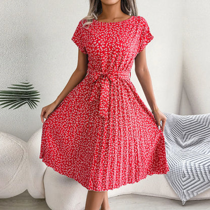 Women Spring Summer Short Sleeve High Waist Chic Dress Fashion Floral Pleated A Line Long Dress - Premium  from Hey Whoops Store - Just $34.99! Shop now at Handbags Specialist Headquarter