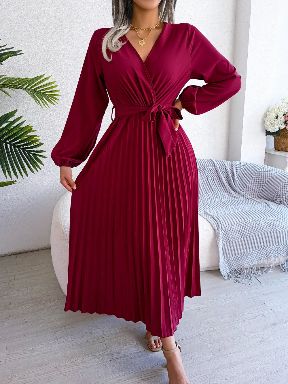 Women Elegant V Neck Long Sleeve Pleated Maxi Dress - Premium  from Hey Whoops Store - Just $57.48! Shop now at Handbags Specialist Headquarter