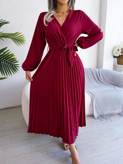 Women Elegant V Neck Long Sleeve Pleated Maxi Dress - Premium  from Hey Whoops Store - Just $57.48! Shop now at Handbags Specialist Headquarter