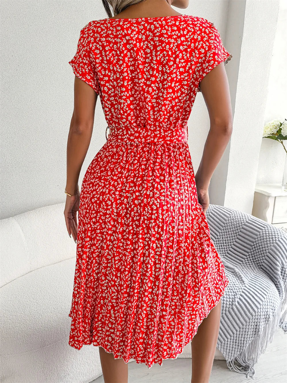 Women Spring Summer Short Sleeve High Waist Chic Dress Fashion Floral Pleated A Line Long Dress - Premium  from Hey Whoops Store - Just $34.99! Shop now at Handbags Specialist Headquarter