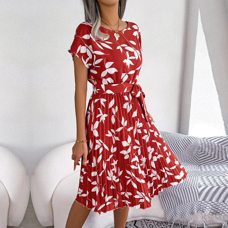 Women Spring Summer Short Sleeve High Waist Chic Dress Fashion Floral Pleated A Line Long Dress - Premium  from Hey Whoops Store - Just $34.99! Shop now at Handbags Specialist Headquarter