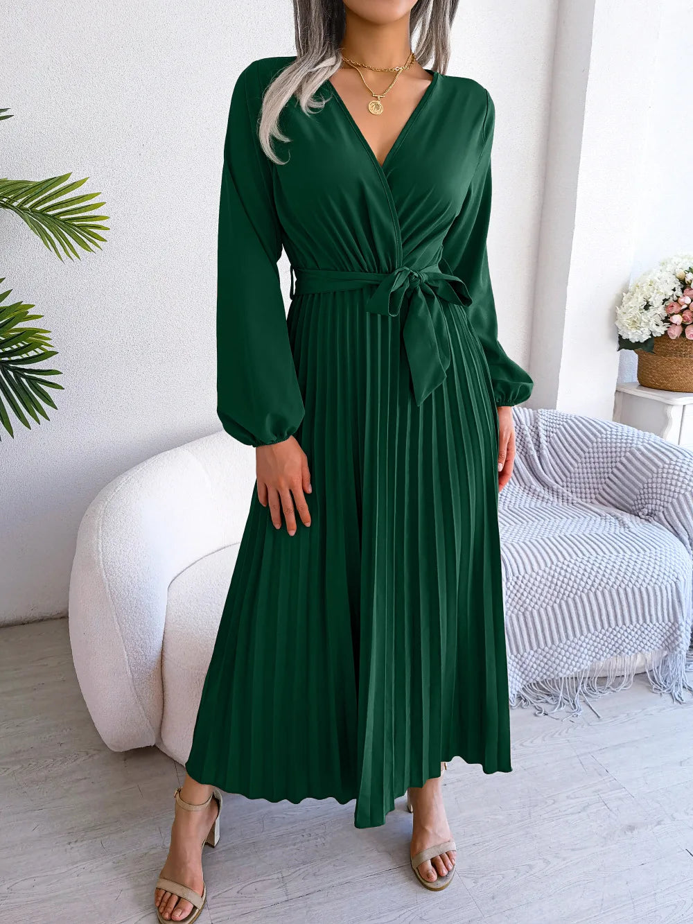 Women Elegant V Neck Long Sleeve Pleated Maxi Dress - Premium  from Hey Whoops Store - Just $57.48! Shop now at Handbags Specialist Headquarter