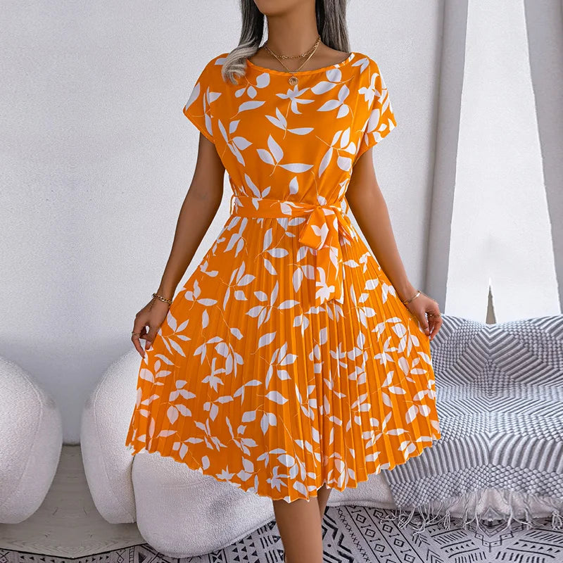 Women Spring Summer Short Sleeve High Waist Chic Dress Fashion Floral Pleated A Line Long Dress - Premium  from Hey Whoops Store - Just $34.99! Shop now at Handbags Specialist Headquarter
