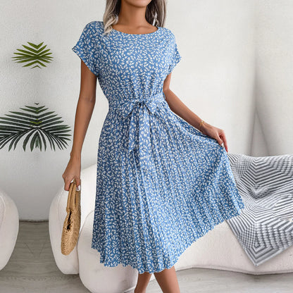 Women Spring Summer Short Sleeve High Waist Chic Dress Fashion Floral Pleated A Line Long Dress - Premium  from Hey Whoops Store - Just $34.99! Shop now at Handbags Specialist Headquarter