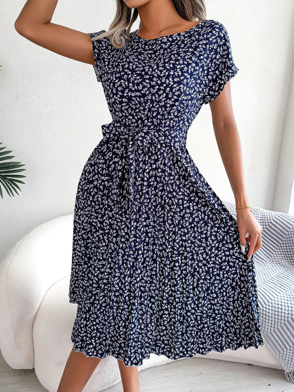 Women Spring Summer Short Sleeve High Waist Chic Dress Fashion Floral Pleated A Line Long Dress - Premium  from Hey Whoops Store - Just $34.99! Shop now at Handbags Specialist Headquarter