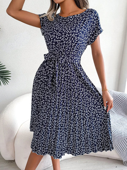 Women Spring Summer Short Sleeve High Waist Chic Dress Fashion Floral Pleated A Line Long Dress - Premium  from Hey Whoops Store - Just $34.99! Shop now at Handbags Specialist Headquarter